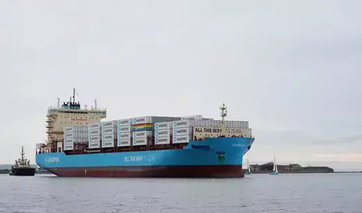 The methanol-fueled container vessel Laura Maersk arrives for an official naming ceremony in Copenhagen, Denmark, September 13, 2023.