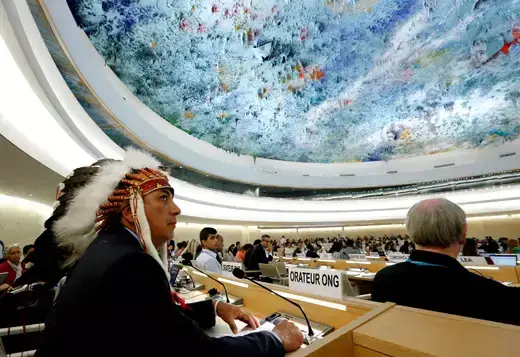 Dave Archambault II, chairman of the Standing Rock Sioux tribe, waits to give his speech against the Energy Transfer Partners' Dakota Access oil pipeline during the Human Rights Council at the United Nations in Geneva, Switzerland.