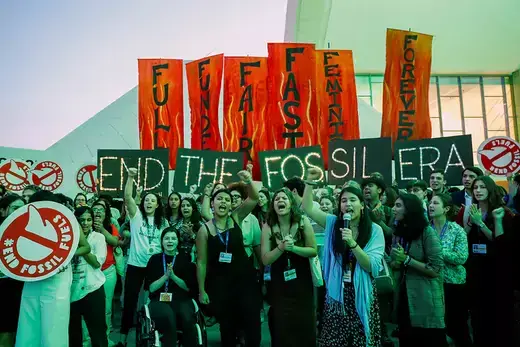 Climate activists protest against fossil fuels at Dubai's Expo City during the United Nations Climate Change Conference COP28 in Dubai, United Arab Emirates.