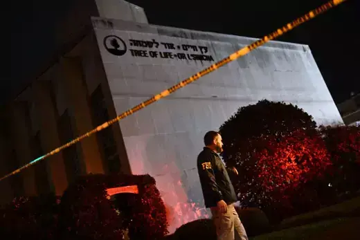 An FBI agent outside the Tree of Life Synagogue in Pittsburgh after a shooting left eleven people dead in on October 27, 2018.