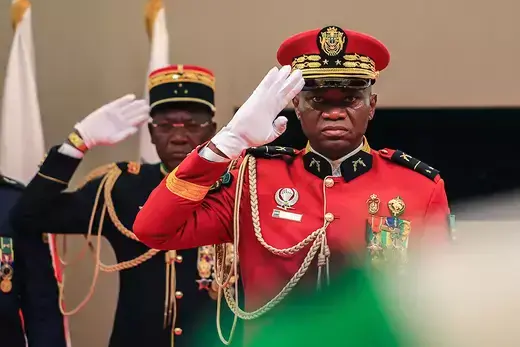 Gabon's transitional president General Brice Oligui Nguema salutes as he is inaugurated, in Libreville, Gabon on September 4, 2023. 
