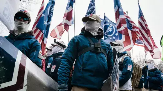 Members of Patriot Front, a right-wing group, prepare to march with anti-abortion activists during the 49th annual March for Life in DC.
