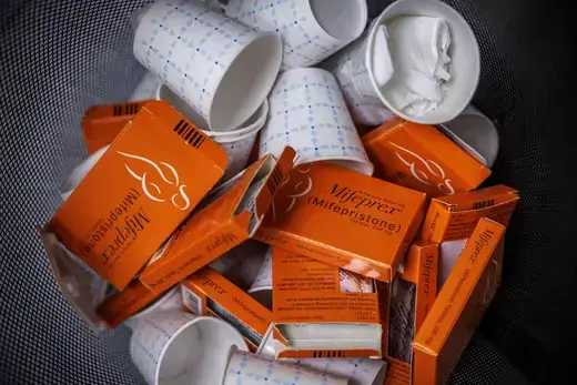 Empty boxes of Mifepristone pills, the first drug used in a medication abortion, fill a trash can at Alamo Women's Clinic in Albuquerque, New Mexico, U.S., January 11, 2023. 