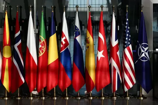 NATO flags as viewed hanging in a line. 