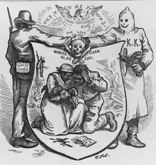 Illustration showing members of the White League and the Ku Klux Klan clasping hands over a suffering African American family.