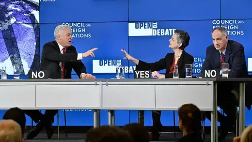 Michael Doran, Barbara Slavin, and Ray Takeyh (left to right) on the CFR stage debating.