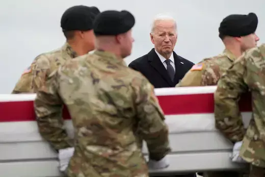 President Joe Biden on February 2, 2024, attends the transfer of the remains of three U.S. service members killed five days earlier in a drone attack on a U.S. military base in Jordan.