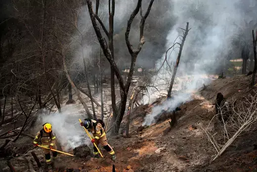 Firefighters fighting wildfires in Viña del Mar, Chile on February 3, 2024