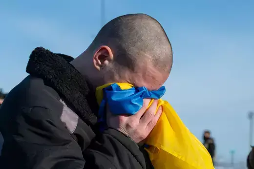 A Ukrainian prisoner of war reacts after a swap at an unknown location in Ukraine on January 31, 2024.