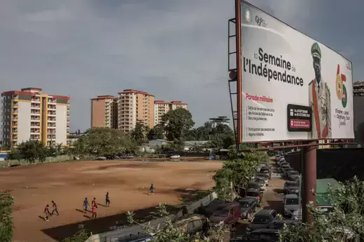 A billboard promoting a military parade to celebrate Guinea's independence is shown in the capital, Conakry, Guinea on September 28, 2023. 