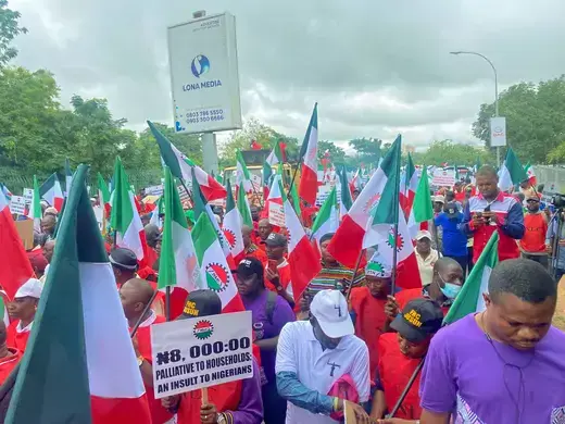 Members of the Nigerian Labor Union march during a protest against fuel price hikes and rising costs, in Abuja, Nigeria on August 2, 2023.