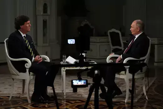 Russian President Vladimir Putin in an interview with U.S. television host Tucker Carlson in Moscow.