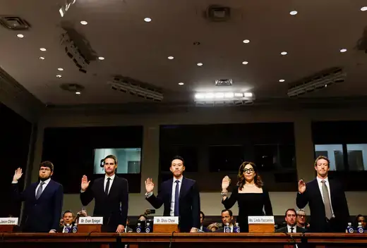 Meta's CEO Mark Zuckerberg, X Corp's CEO Linda Yaccarino,TikTok's CEO Shou Zi Chew and Discord's CEO Jason Citron are sworn in during the Senate Judiciary Committee hearing on online child sexual exploitation at the U.S. Capitol in Washington, D.C. on January 31, 2024.