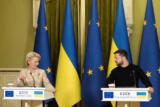 European Commission President Ursula von der Leyen and Ukrainian President Volodymyr Zelenskyy speak at a press conference in Kyiv, Ukraine.