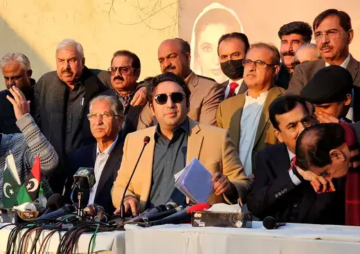 Bilawal Bhutto Zardari, Chairman of the Pakistan Peoples Party (PPP), addresses a press conference in Islamabad, Pakistan, February 13, 2024.