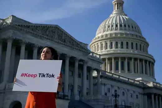 Giovanna Gonzalez of Chicago demonstrates outside the U.S. Capitol following a press conference by TikTok creators to voice their opposition to a bill that would ban the app on Capitol Hill in Washington, D.C.