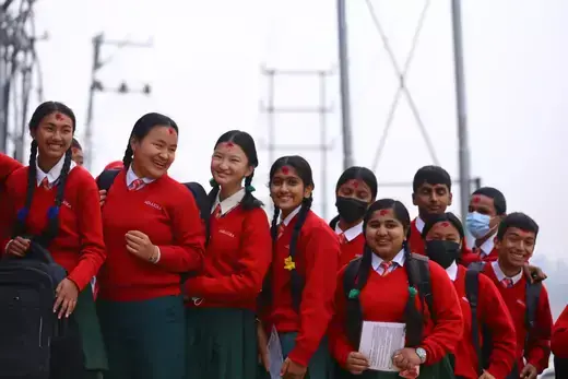 Nepali students stand in line to attend their final exam in Kathmandu, Nepal, on March 31, 2023.