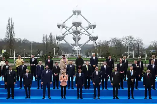 Heads of state and senior officials pose for a family photo during the IAEA Nuclear Energy Summit in Brussels, Belgium, on March 21, 2024. 