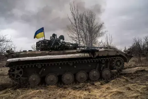 Ukrainian tank-men are seen on a BWP infantry fighting vehicle in Donetsk Oblast, Ukraine, on March 17, 2024. 