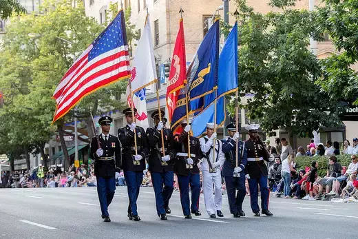 The Joint Service Color Guard walks the Seafair Torchlight Parade in Seattle, Washington, on July 30, 2016.