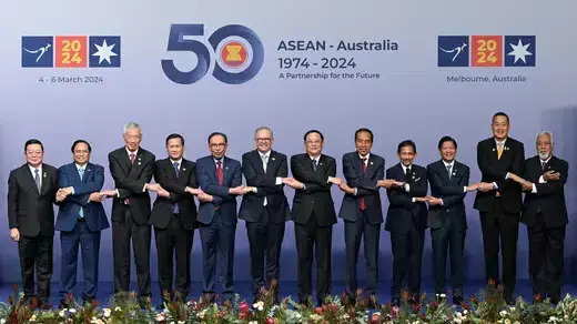 ASEAN leaders interlock hands and pose for a family photo at the ASEAN-Australia Special Summit, in Melbourne, Australia.