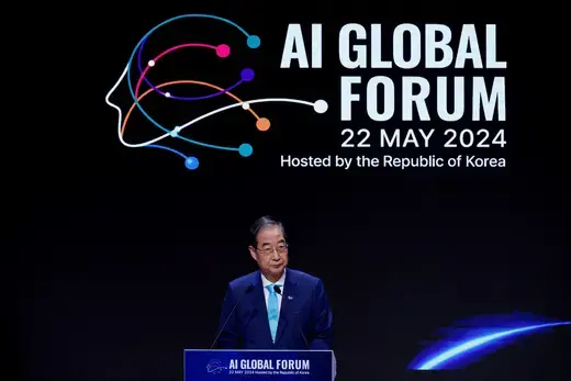 Han Duck-soo, South Korean Prime Minister, gives a speech during the opening ceremony of the AI Global Forum in Seoul, South Korea on May 22, 2024
