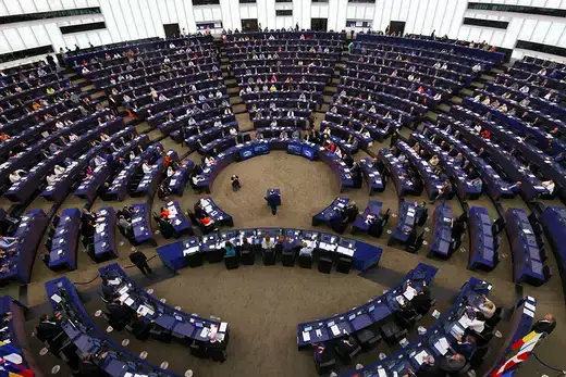 Members of the EU Parliament sit during a plenary session in Strasbourg, France.