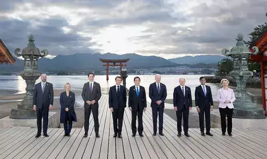 (L-R) European Council President Charles Michel, Italy's Primer Minister Giorgia Meloni, Canada's Prime Minister Justin Trudeau, France's President Emmanuel Macron, Japan's Prime Minister Fumio Kishida, US President Joe Biden, German Chancellor Olaf Scholz, Britain's Prime Minister Rishi Sunak and European Commission President Ursula von der Leyen pose for the family photo during a visit to the Itsukushima Shrine in Miyajima Island as part of the G7 Leaders' Summit, on May 19, 2023.