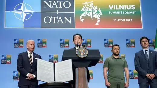 Japan’s Prime Minister Fumio Kishida speaks at the NATO summit in Vilnius, Lithuania.