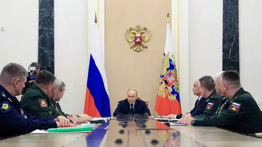 Russian President Vladimir Putin chairs a meeting with military commanders in Moscow, Russia, May 2024.