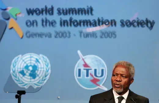 U.N. Secretary General Kofi Annan speaks at the inaugural session of the second U.N.'s World Summit on the Information Society (WSIS) in Tunis on November 16, 2005