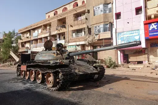 A damaged tank in Omdurman, Sudan, on April 7, 2024.