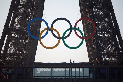 The Olympic rings are displayed on the first floor of the Eiffel Tower ahead of the Paris 2024 Olympic games in Paris, France on June 7, 2024