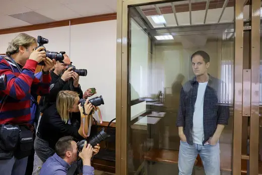 Wall Street Journal reporter Evan Gershkovich stands inside an enclosure for defendants before a court hearing to consider an appeal against his pre-trial detention on espionage charges in Moscow, Russia, on October 10, 2023. Evgenia Novozhenina/Reuters