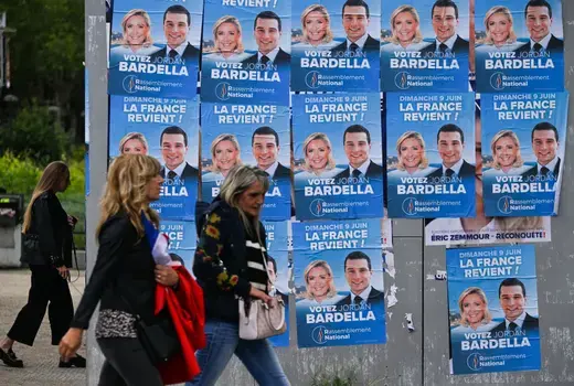 Election posters of Marine Le Pen and Jordan Bardella on June 2, 2024, in Paris, France. Artur Widak/NurPhoto via Getty Images