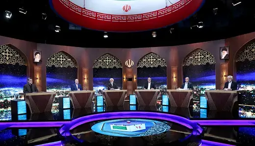 Iran’s six 2024 presidential candidates participate in an election debate at a television studio in Tehran.