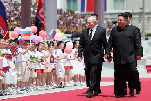 Russian President Vladimir Putin and North Korean leader Kim Jong Un meet in Pyongyang.