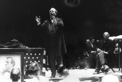 Democratic presidential candidate William Jennings Bryan campaigning for the presidency in 1896.