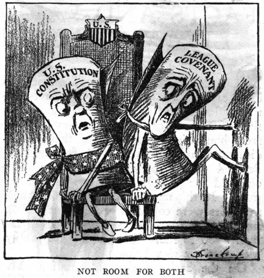 A political cartoon depicts the battle against the League of Nations.