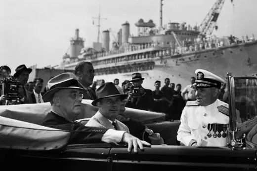 Democratic President Franklin D. Roosevelt and Philadelphia Democratic Party Chairman John B. Kelly tour the Philadelphia Navy Yard in 1940