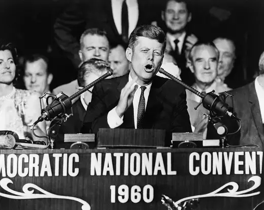 John F. Kennedy, 1960 Democratic Presidential nomninee, talks at podium during the Democratic National Convention 