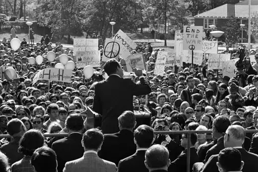 Democratic presidential candidate Hubert H. Humphrey talks to a crowd with anti-war protesters in Teaneck, New Jersey, in 1968. 