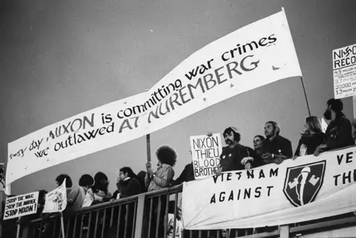 Anti-war protestors outside a campaign fundraising event for President Richard Nixon's reelection in 1972.