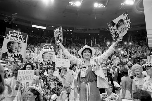  Supporters of President Jimmy Carter and challenger Senator Edward Kennedy square off at the Democratic convention in New York, New York.