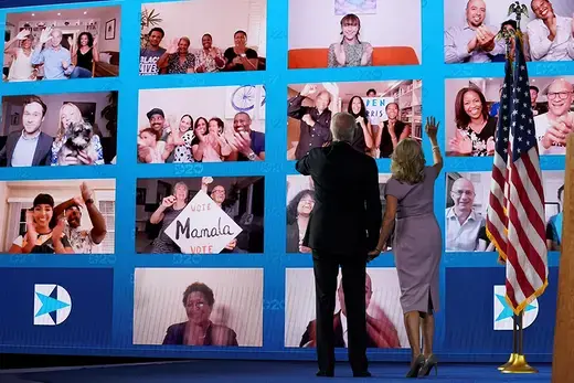 Democratic nominee Joe Biden and his wife Jill Biden greet supporters virtually at a scaled-down convention in Milwaukee, Wisconsin.