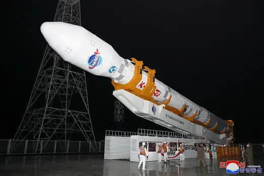 A rocket carrying a spy satellite Malligyong-1 is prepared for launch, according to North Korean government claims, on November 21, 2023.