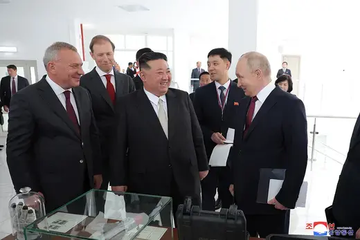 Kim and Russian President Vladimir Putin talk during Kim’s tour of Russia, on September 13, 2023