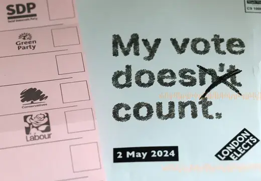Details of a ballot paper for Mayor of London and a local elections information letter are shown in this photo illustration taken on April 26, 2024.