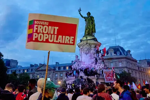 A crowd celebrates the results of the French parliamentary elections at Place De La Republique in Paris, France, on July 7, 2024. Adnan Farzat/NurPhoto/Getty Images