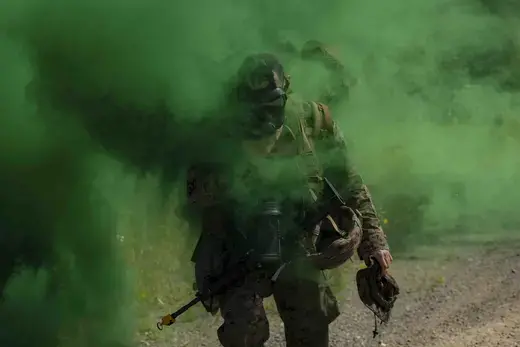 A Marine Corps officer participates in a simulated chemical, biological, radiological and nuclear exercise at Joint Base Elmendorf-Richardson, Alaska, on July 23, 2023. Mitchell Johnson/U.S. Department of Defense